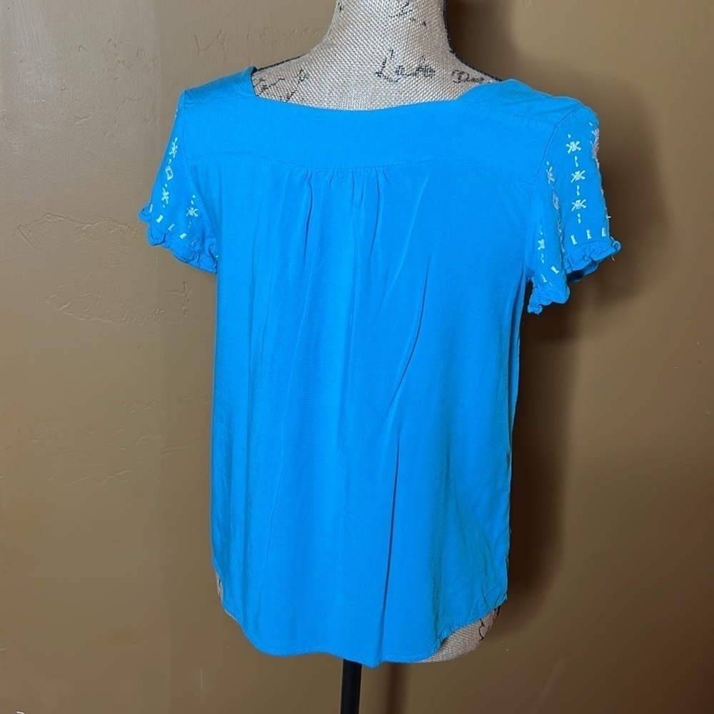 Tantrums Blue Embroidered Boho Peasant Top Size Small - Picture 6 of 7